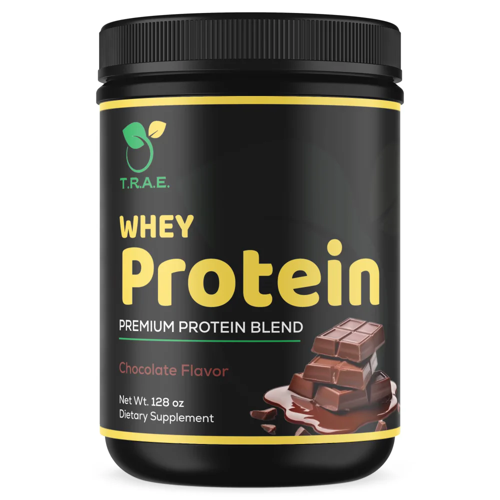 CHOC TRAE Health chocolate whey protein powder – premium protein blend supplement container.