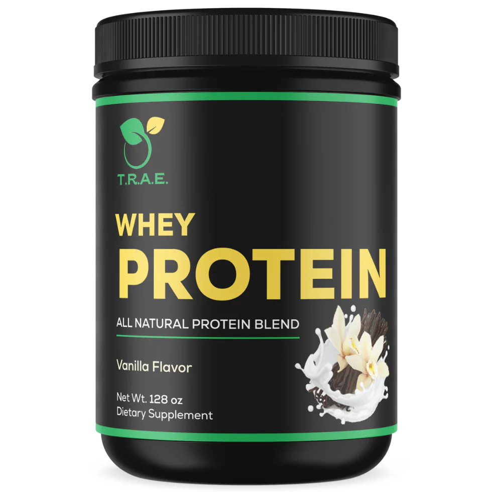 VANILLA TRAE Health vanilla whey protein powder – all-natural protein blend supplement container.